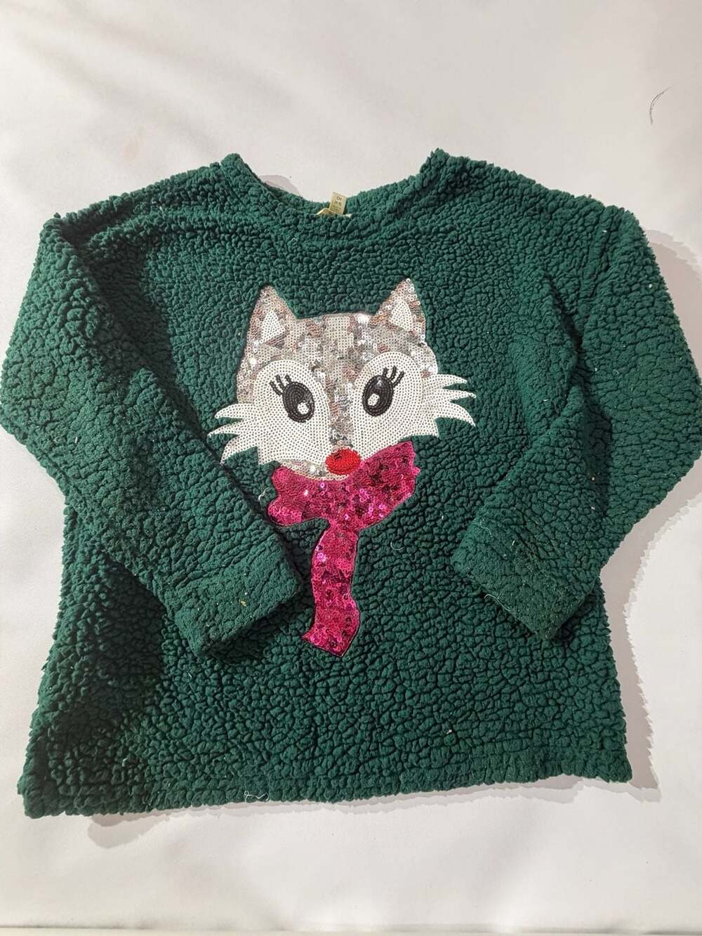 Time and Tru Green Sherpa Sequin Fox Pullover Sweater Womens Size Small 4-6